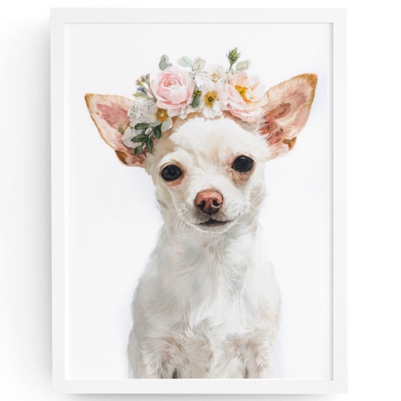 Watercolor White Chihuahua with Flowers Portrait Wall Art Print Poster Unframed - Picture 1 of 6